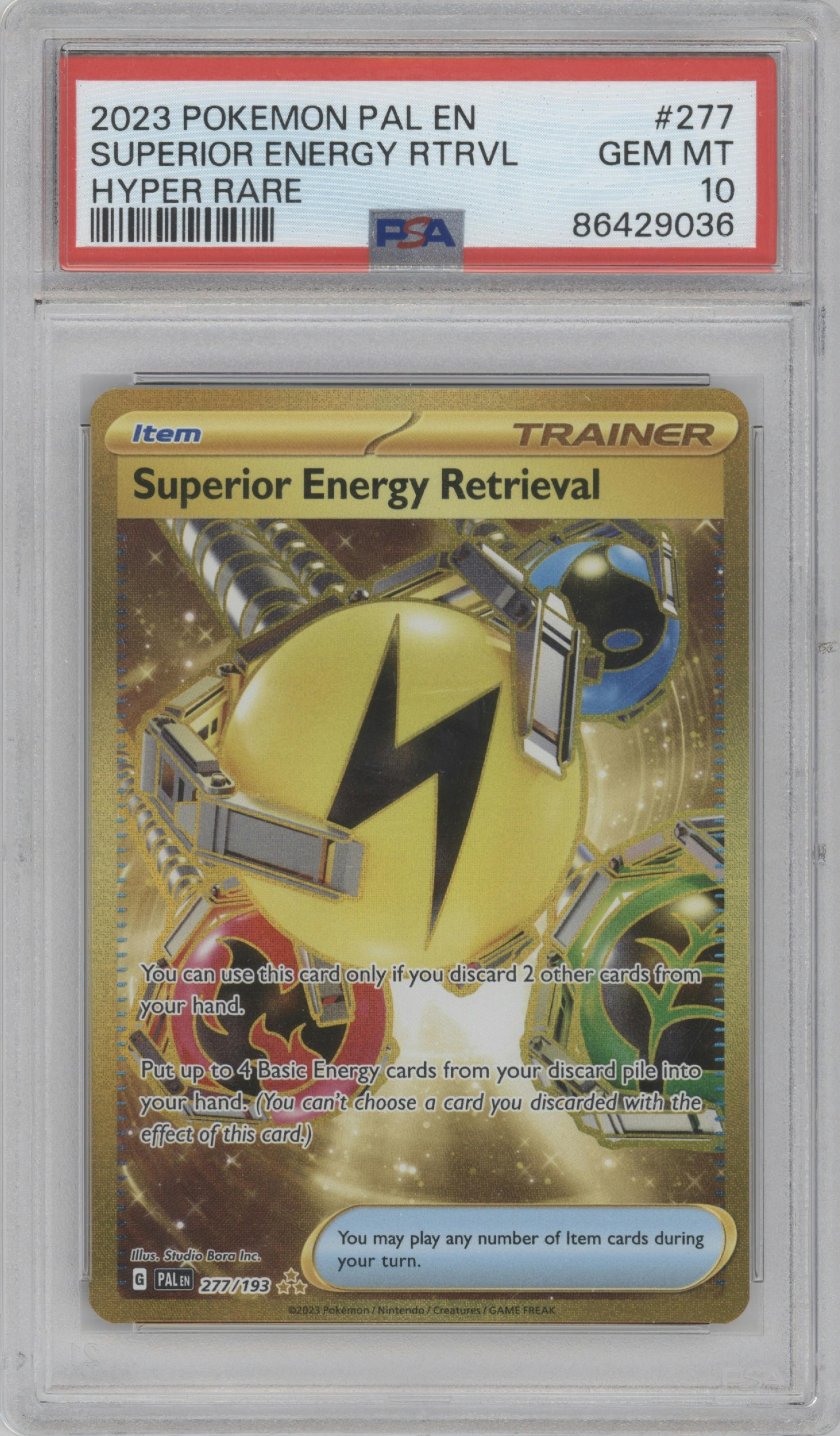 Superior Energy Retrieval from the 2023 Pokemon SV set graded by PSA and given an overall grade of 10.