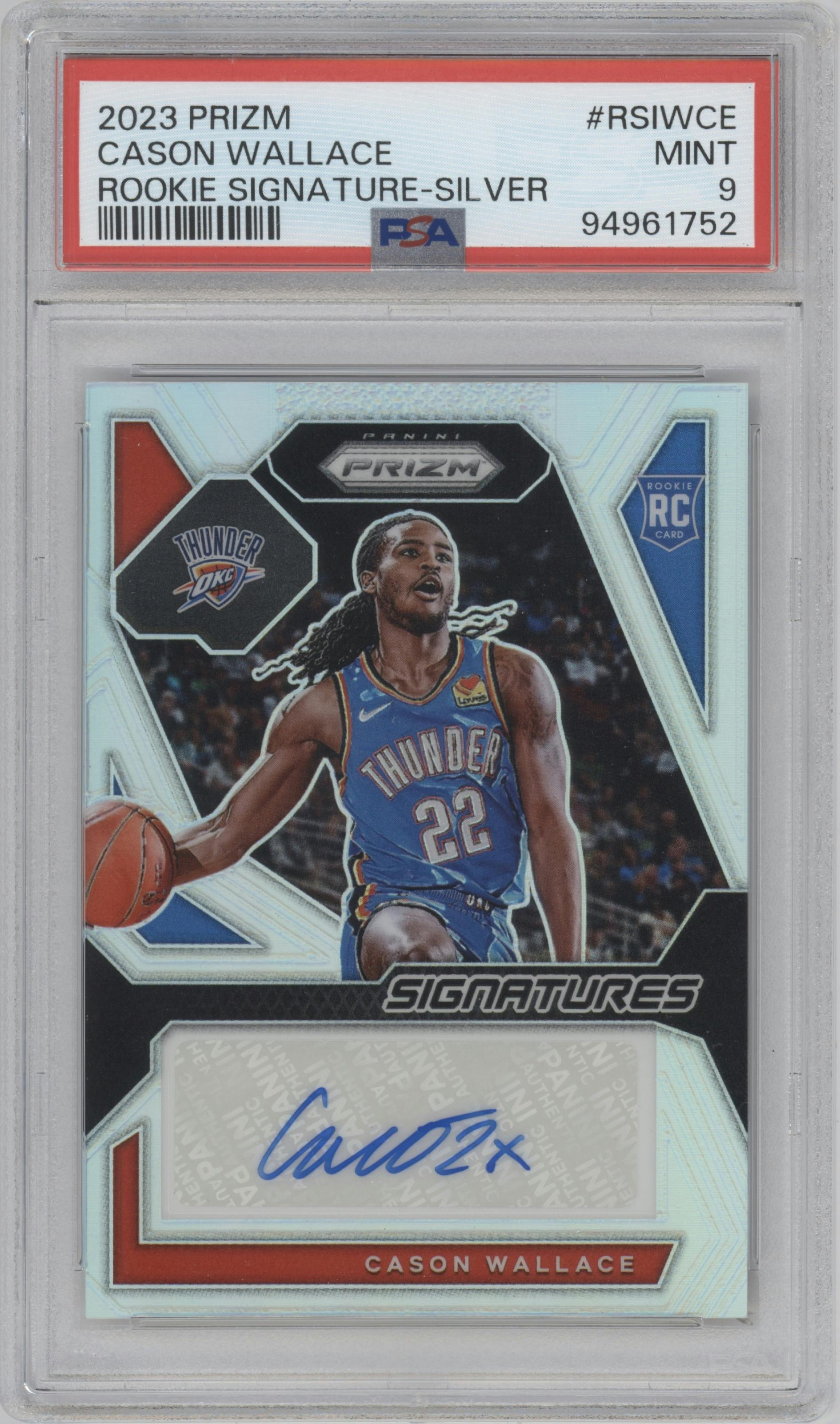 Cason Wallace from the 2023-24 Panini Prizm set featuring a Silver Prizm parallel graded by PSA and given an overall grade of 9.
