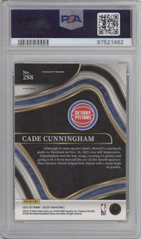 Cade Cunningham from the 2021-22 Panini Select set featuring a Blue Shimmer parallel graded by PSA and given an overall grade of 10.