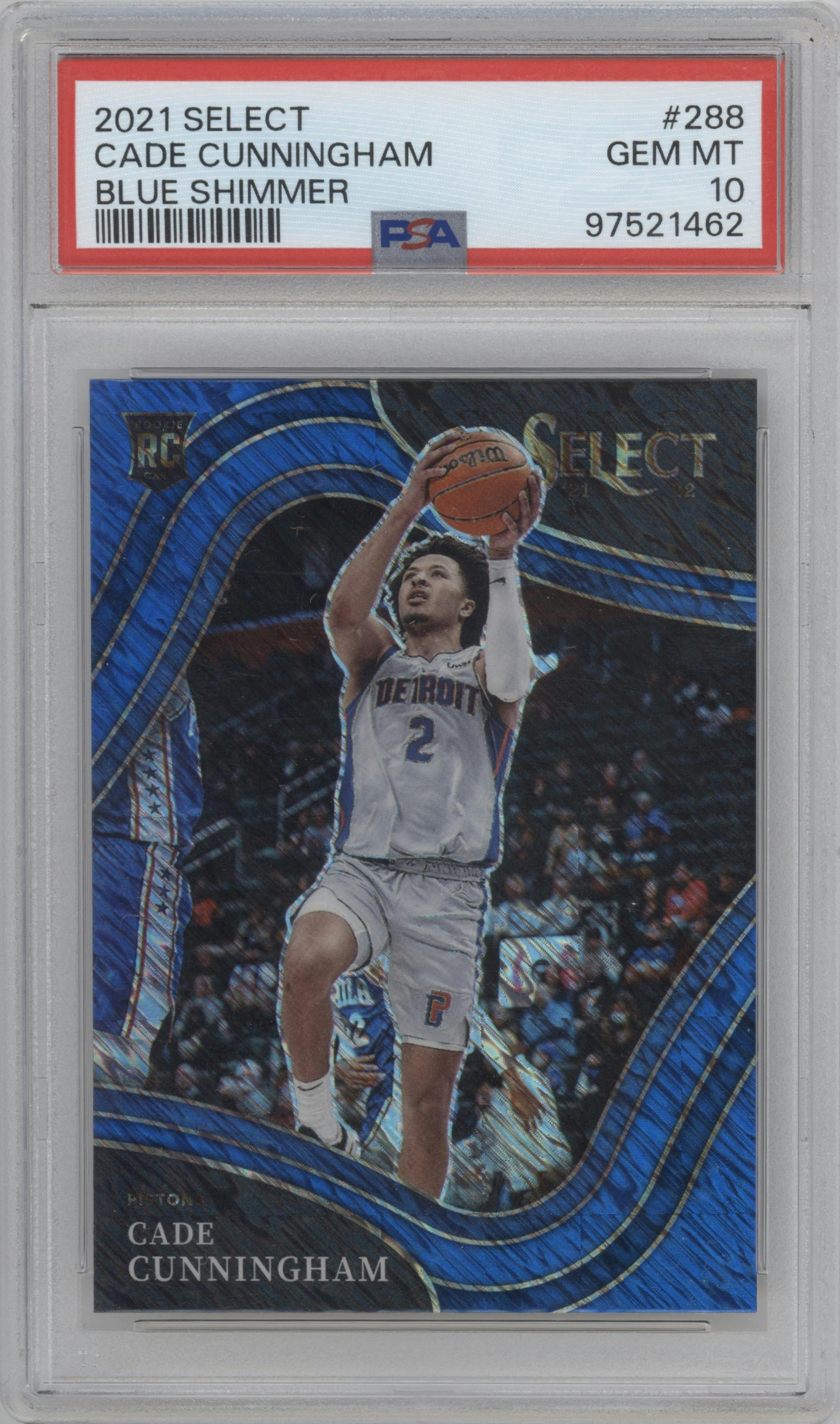 Cade Cunningham from the 2021-22 Panini Select set featuring a Blue Shimmer parallel graded by PSA and given an overall grade of 10.