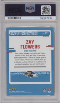 Zay Flowers from the 2023 Panini Donruss set featuring a Red & Green parallel graded by PSA and given an overall grade of 9.
