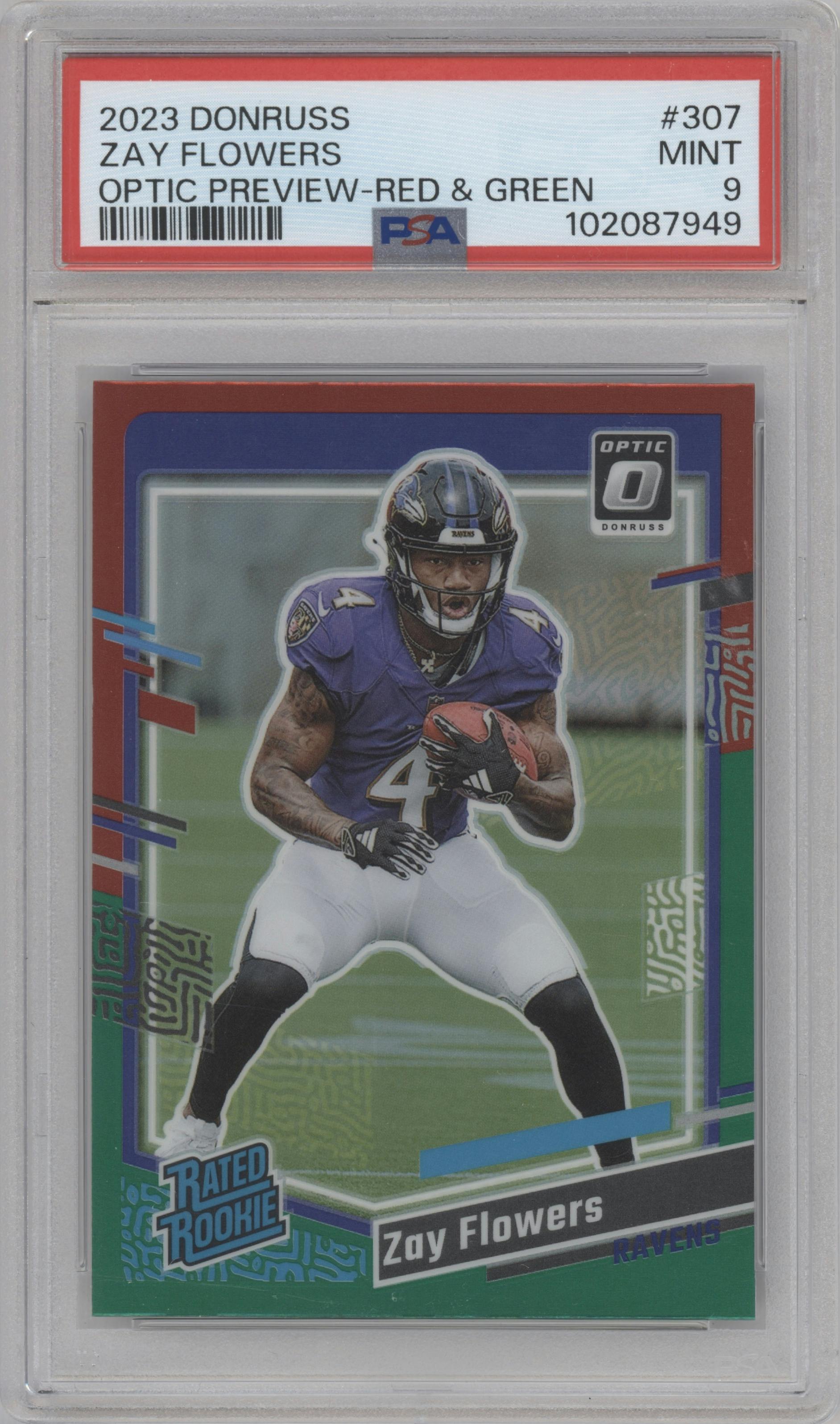 Zay Flowers from the 2023 Panini Donruss set featuring a Red & Green parallel graded by PSA and given an overall grade of 9.