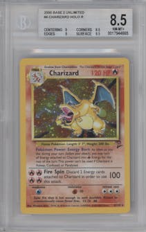 Charizard from the 2000 Pokemon set graded by Beckett and given an overall grade of 8.5.