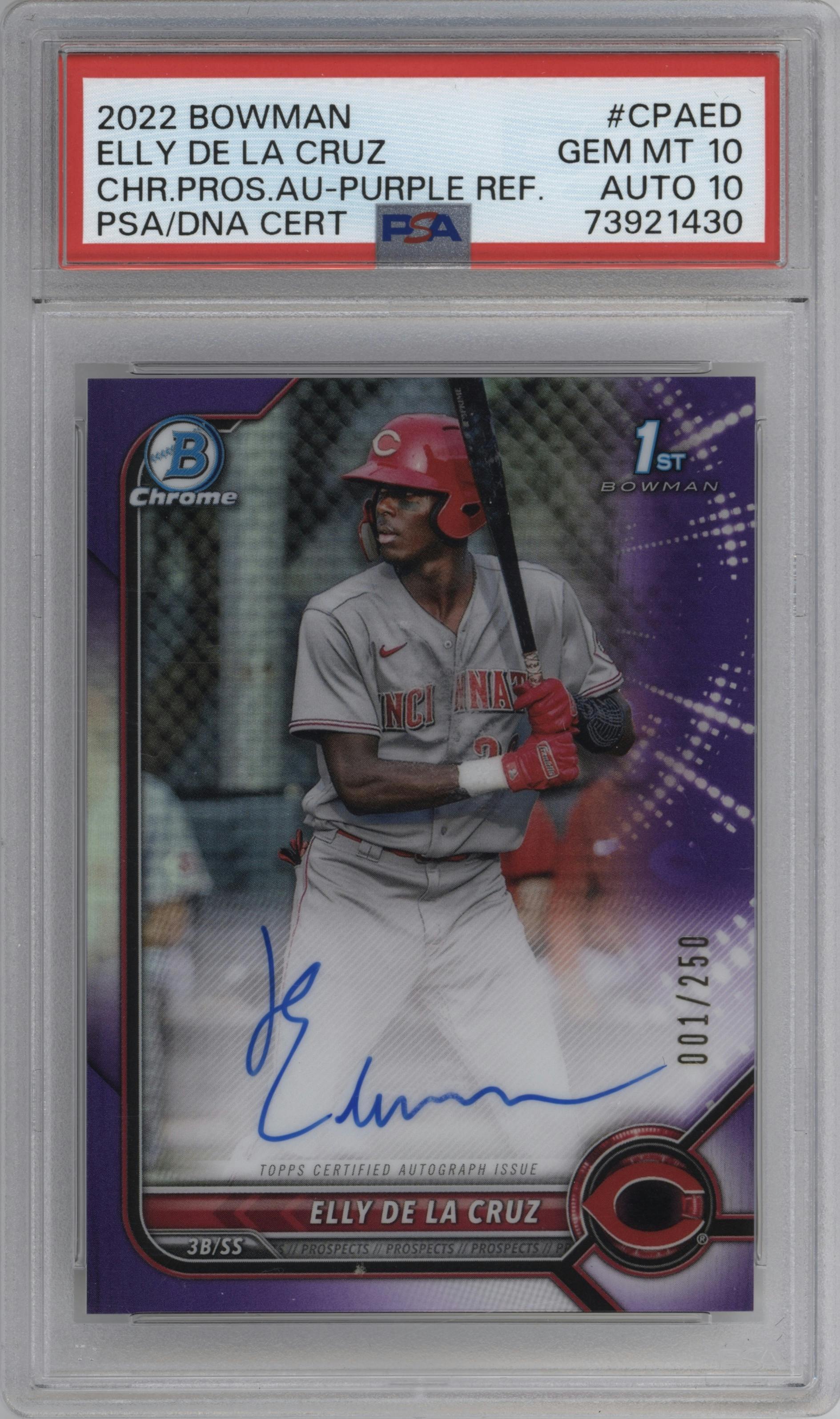Elly De La Cruz from the 2022 Bowman set featuring a Purple Refractor parallel graded by PSA and given an overall grade of 10.