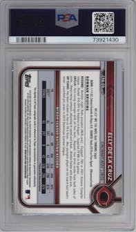 Elly De La Cruz from the 2022 Bowman set featuring a Purple Refractor parallel graded by PSA and given an overall grade of 10.