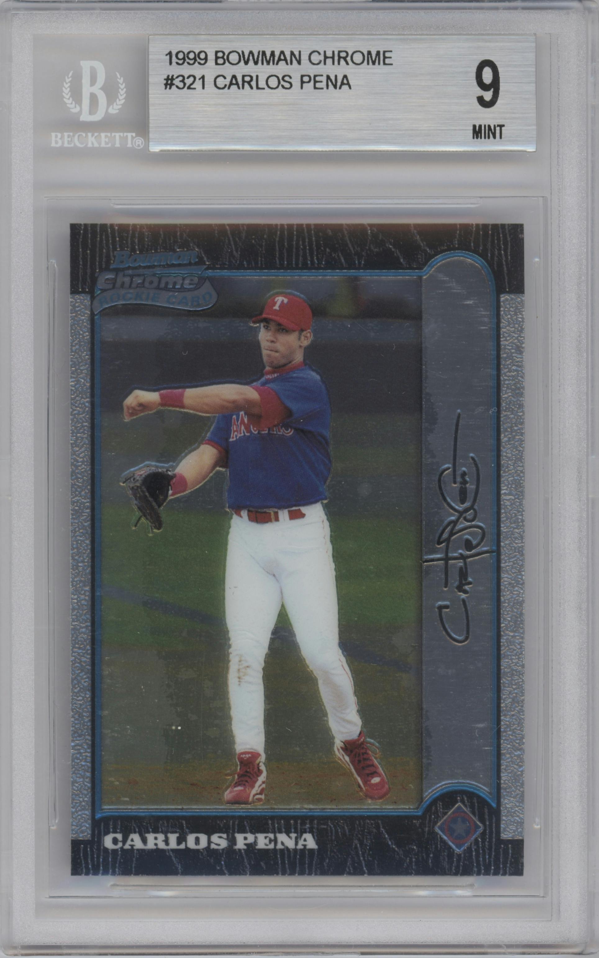 Carlos Pena from the 1999 Bowman Chrome set graded by Beckett and given an overall grade of 9.