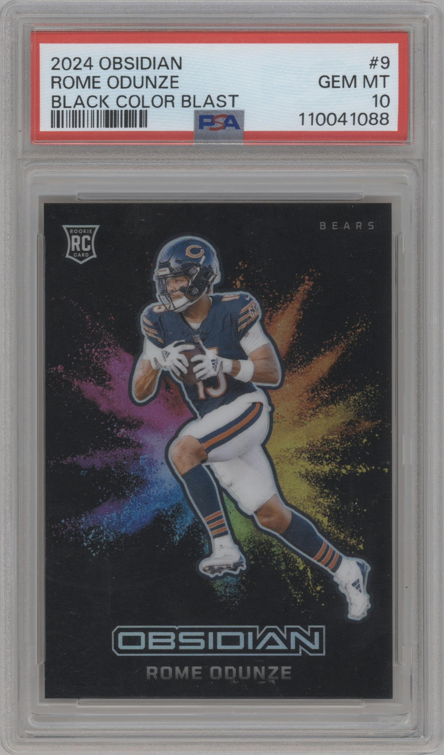 Rome Odunze from the 2024 Panini Obsidian set graded by PSA and given an overall grade of 10.