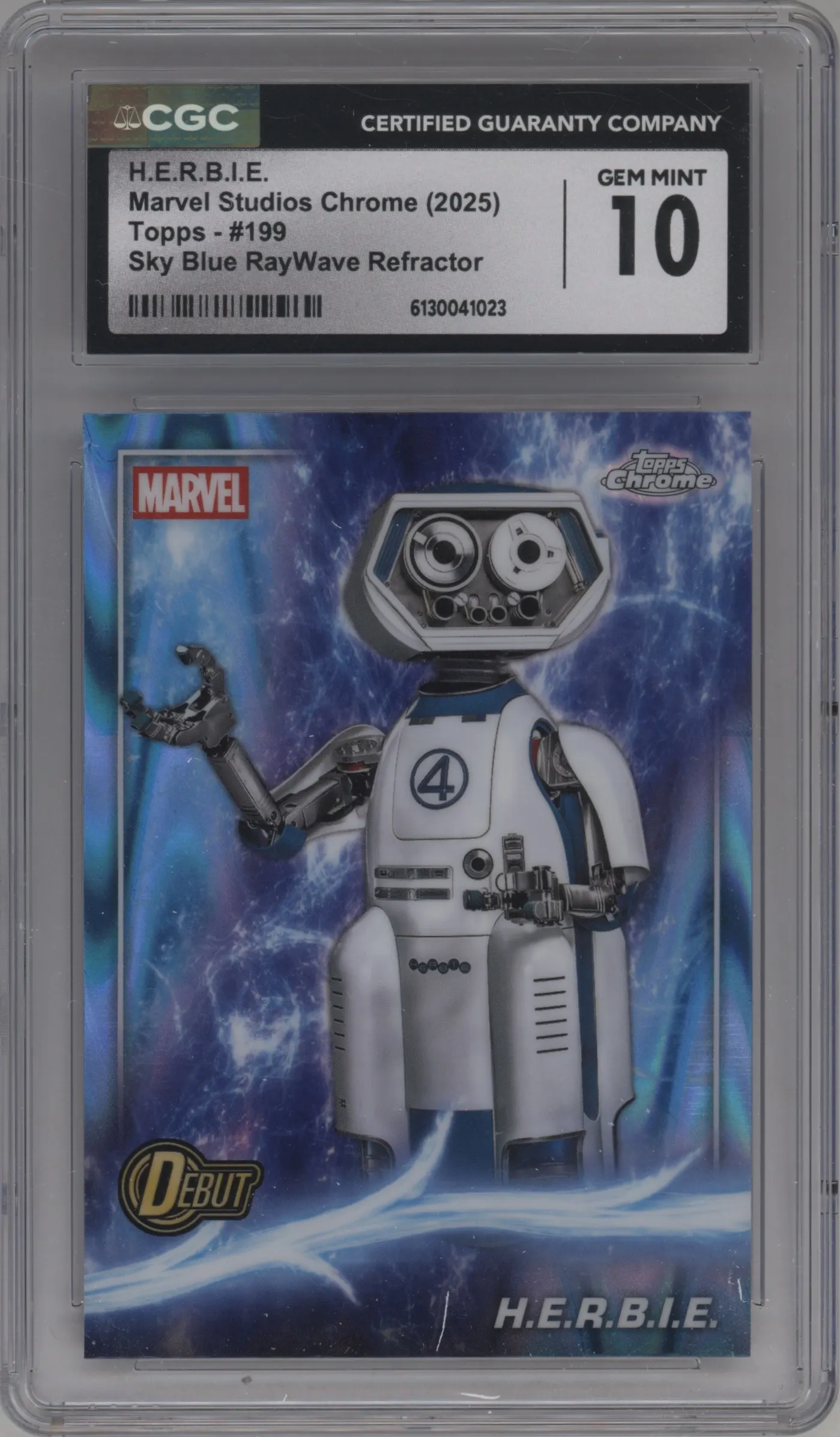 2025 Topps Chrome Marvel Studios H.E.R.B.I.E. Sky Blue RayWave Refractor #199 CGC 10