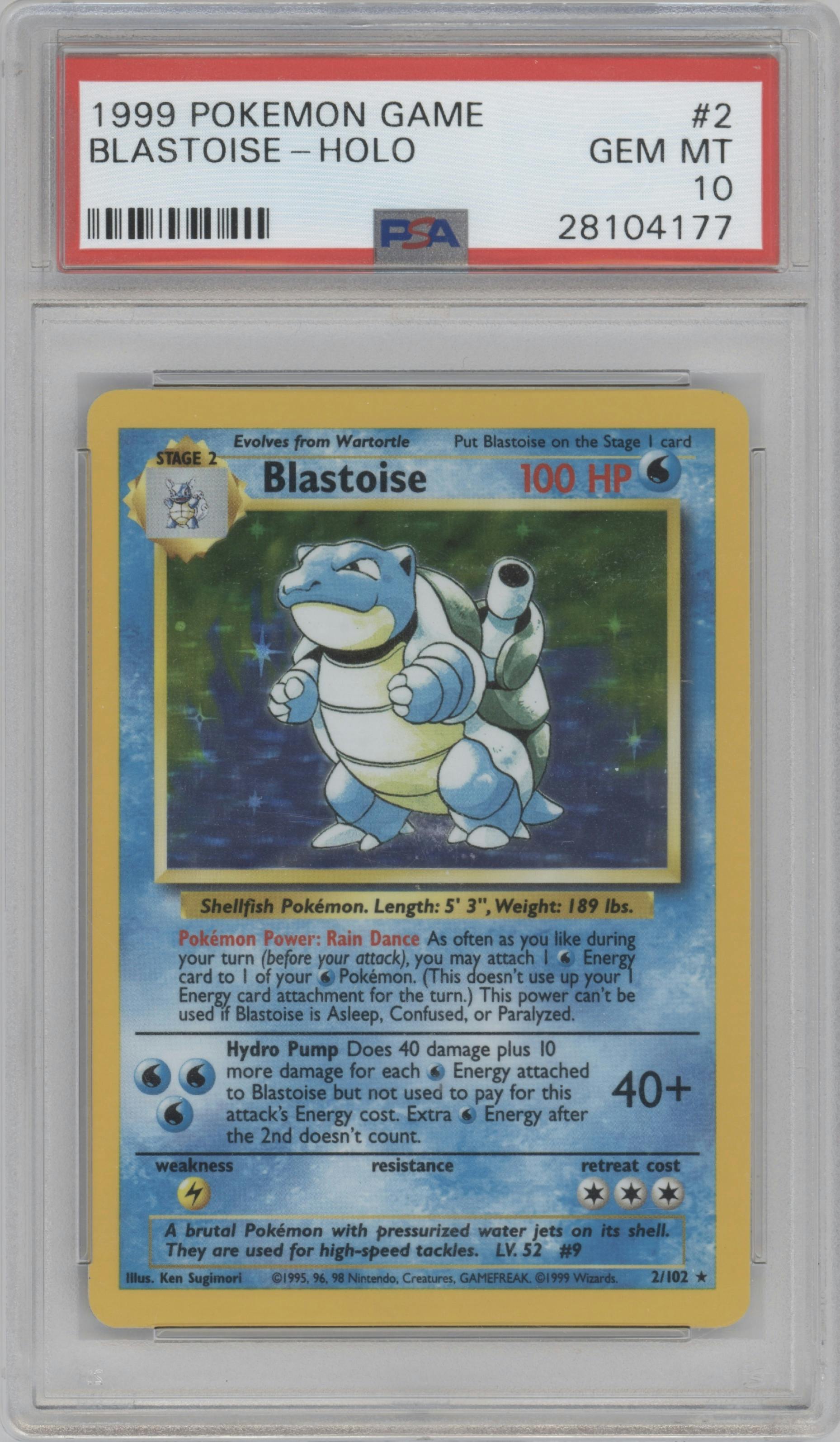 Blastoise from the 1999 Pokemon set graded by PSA and given an overall grade of 10.