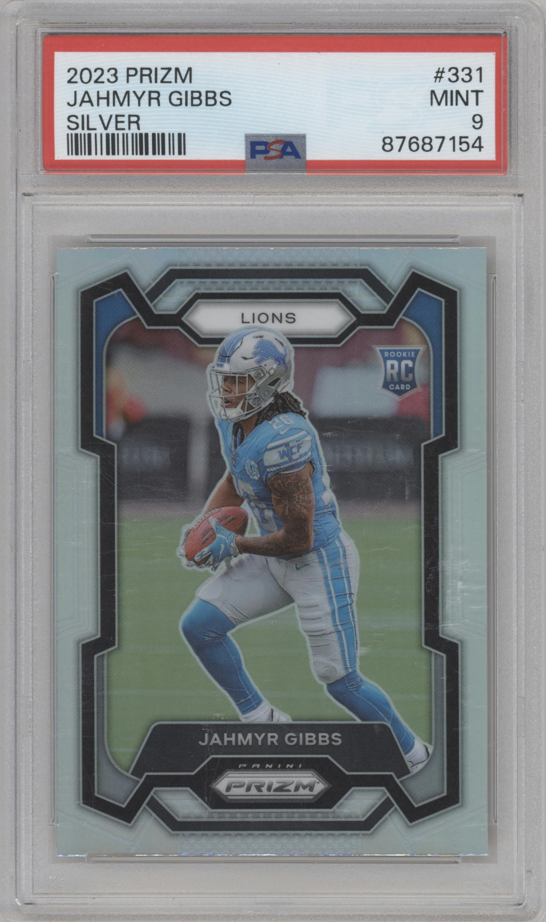 Jahmyr Gibbs from the 2023 Panini Prizm set featuring a Silver Prizm parallel graded by PSA and given an overall grade of 9.