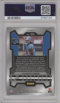 Jahmyr Gibbs from the 2023 Panini Prizm set featuring a Silver Prizm parallel graded by PSA and given an overall grade of 9.
