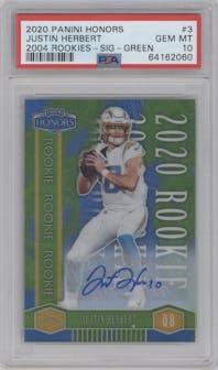 Justin Herbert from the 2020 Panini Honors set featuring a Green parallel graded by PSA and given an overall grade of 10.