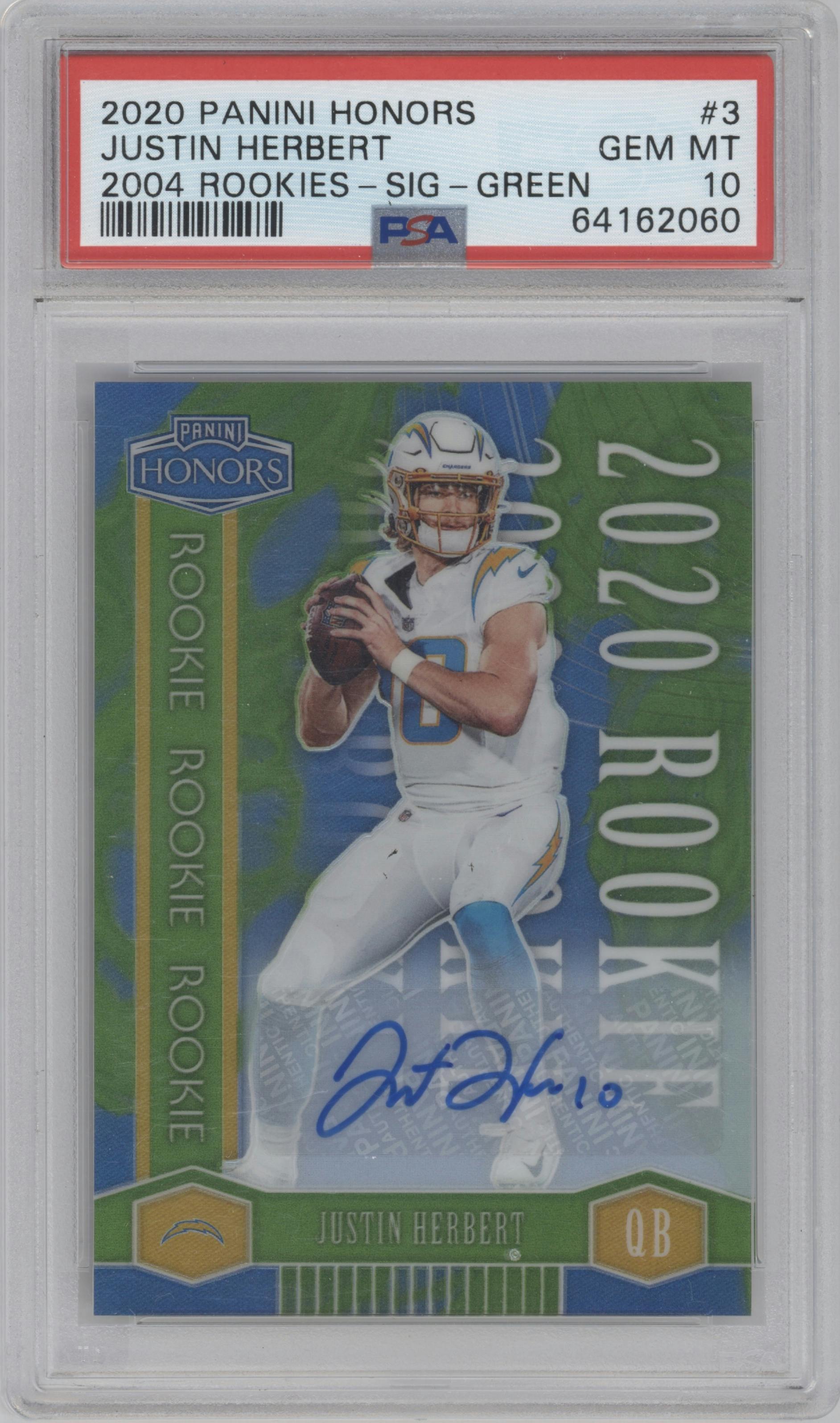 Justin Herbert from the 2020 Panini Honors set featuring a Green parallel graded by PSA and given an overall grade of 10.
