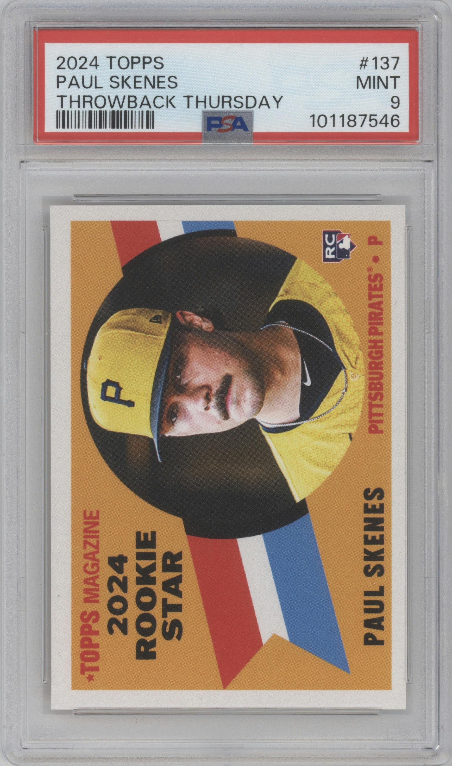 Paul Skenes from the 2024 Topps Throwback Thursday set graded by PSA and given an overall grade of 9.