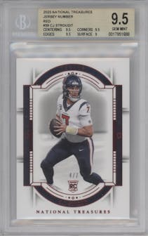C.J. Stroud from the 2023 Panini National Treasures set featuring a Jersey Number Red parallel graded by Beckett and given an overall grade of 9.5.