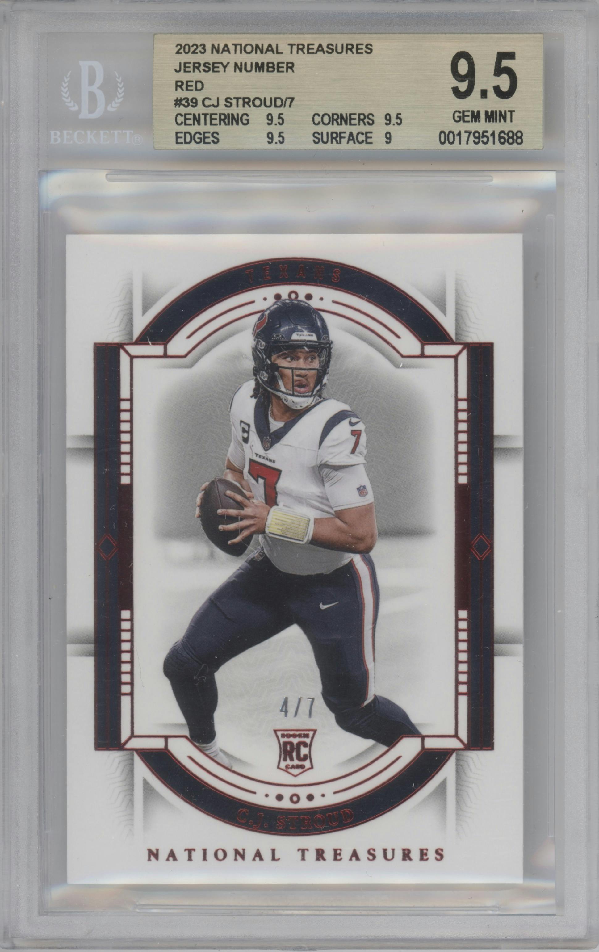 C.J. Stroud from the 2023 Panini National Treasures set featuring a Jersey Number Red parallel graded by Beckett and given an overall grade of 9.5.