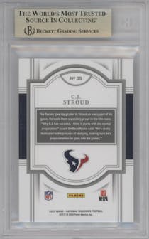 C.J. Stroud from the 2023 Panini National Treasures set featuring a Jersey Number Red parallel graded by Beckett and given an overall grade of 9.5.