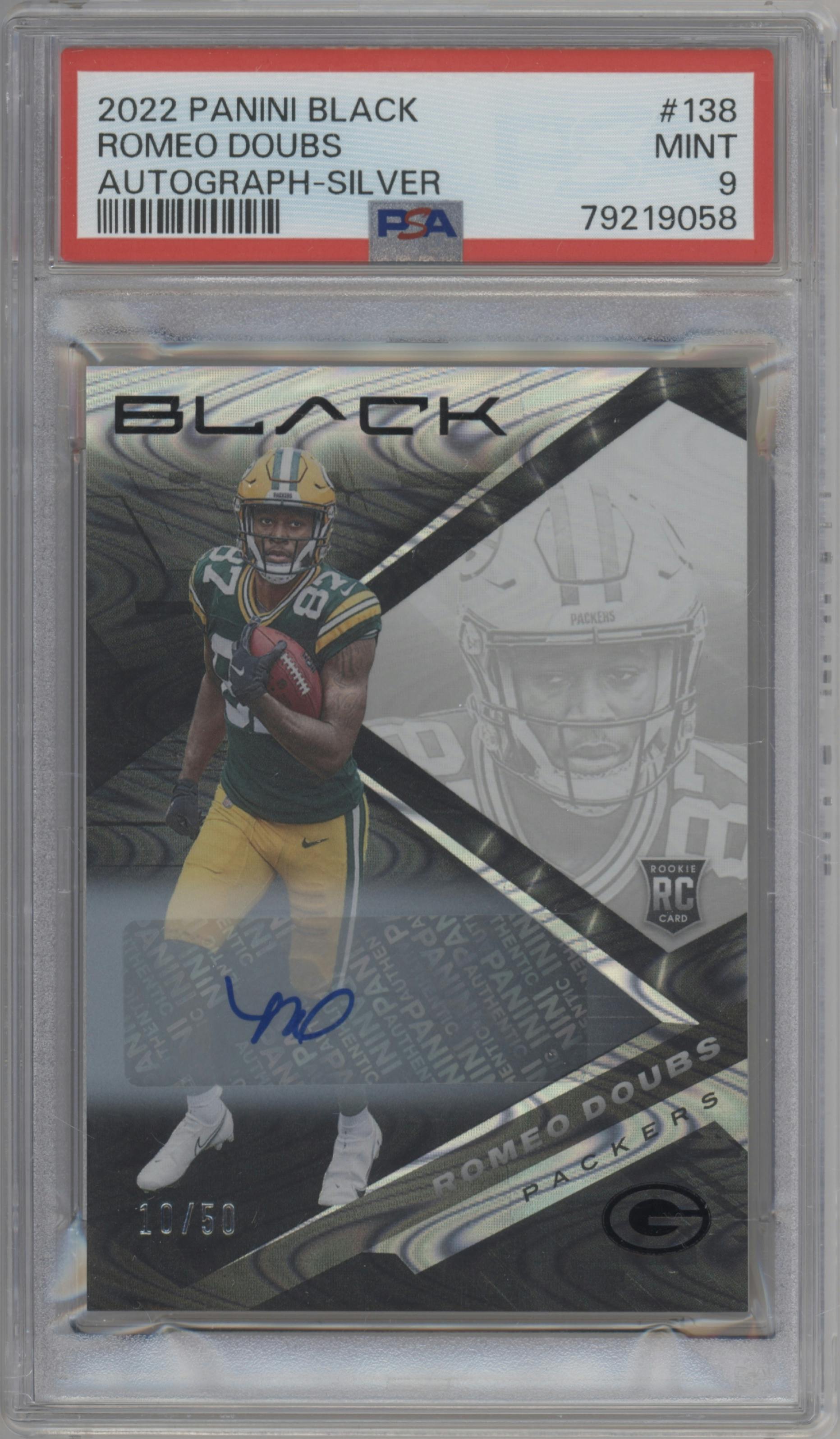Romeo Doubs  from the 2022 Panini Black set featuring a Silver parallel graded by PSA and given an overall grade of 9.