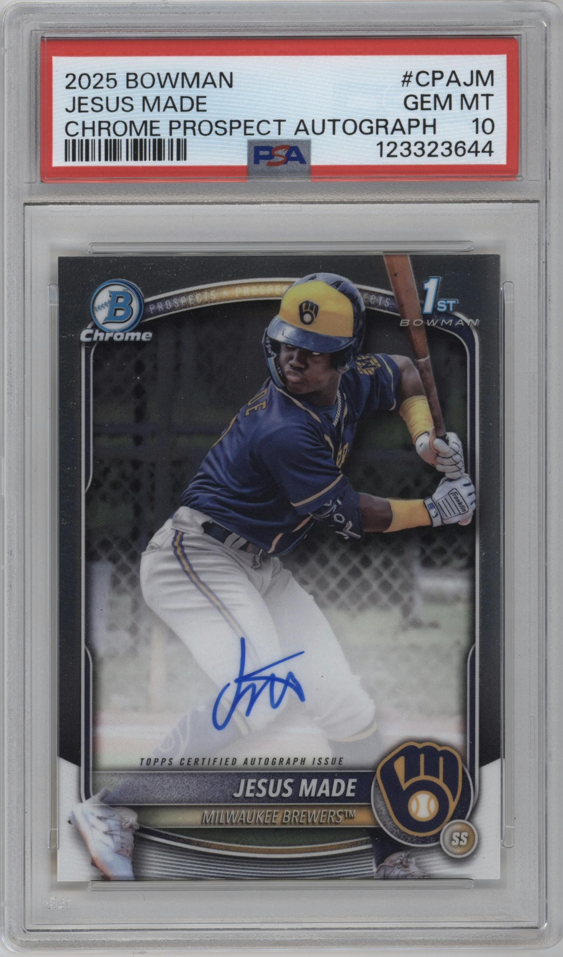 Jesus Made from the 2025 Bowman set graded by PSA and given an overall grade of 10.