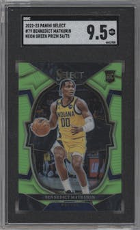 Bennedict Mathurin from the 2022-23 Panini Select set featuring a Neon Green Prizm parallel graded by SGC and given an overall grade of 9.5.
