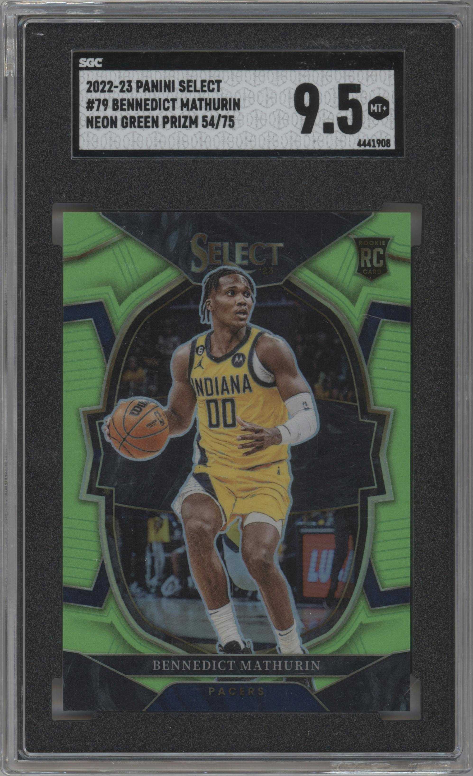 Bennedict Mathurin from the 2022-23 Panini Select set featuring a Neon Green Prizm parallel graded by SGC and given an overall grade of 9.5.