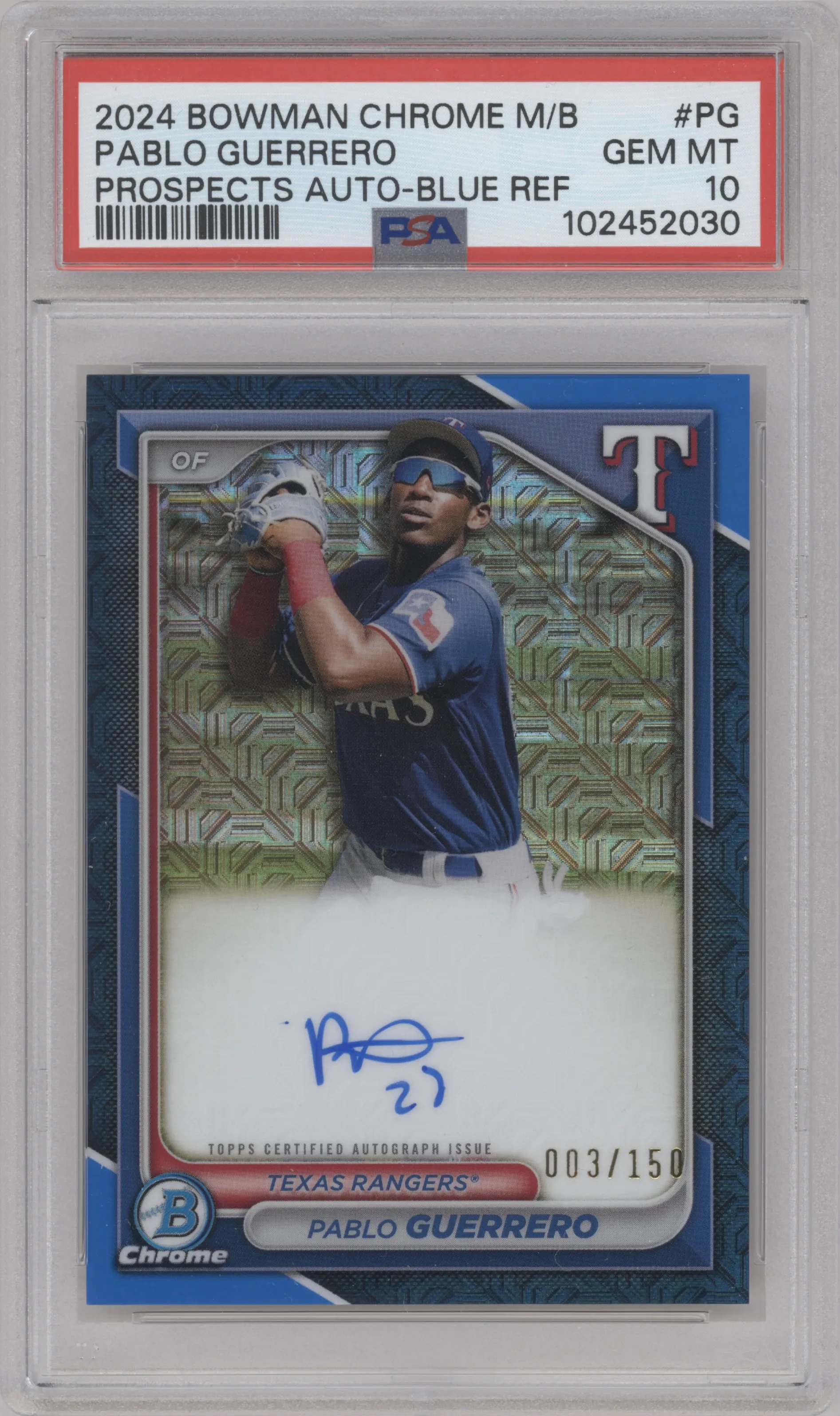 2024 Bowman Chrome Mega Box Chr.Pros.Auto Pablo Guerrero Blue Refractor PSA 10