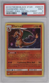 Charizard from the 2019 Pokemon S&M  set featuring a Fall 2019 Collector Chest parallel graded by PSA and given an overall grade of 9.