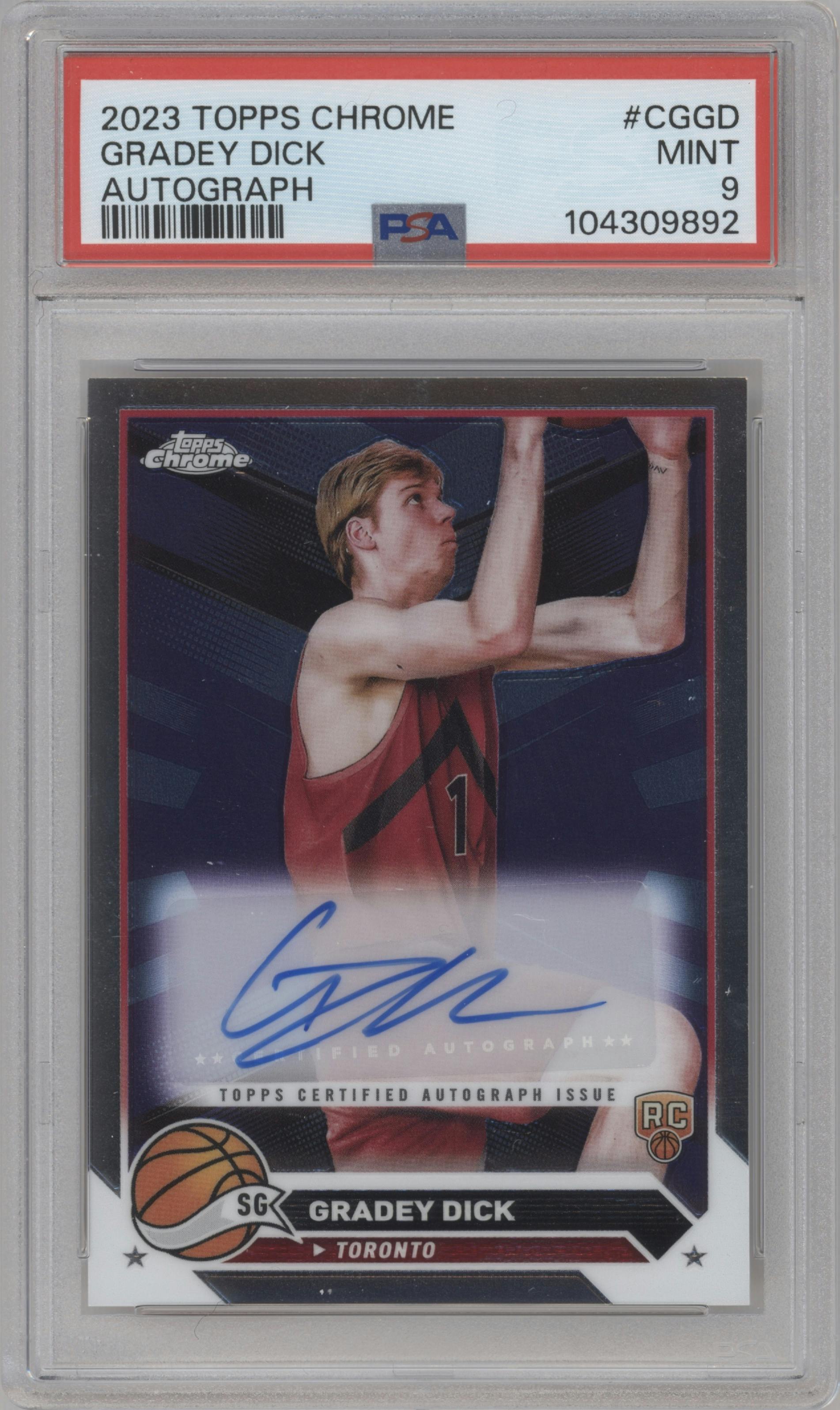 Gradey Dick from the 2023-24 Topps Chrome set graded by PSA and given an overall grade of 9.