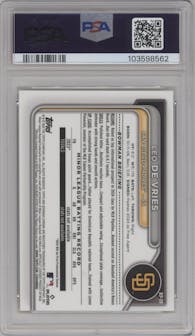 Leo De Vries from the 2024 Bowman Chrome set featuring a Yellow Refractor parallel graded by PSA and given an overall grade of 9.