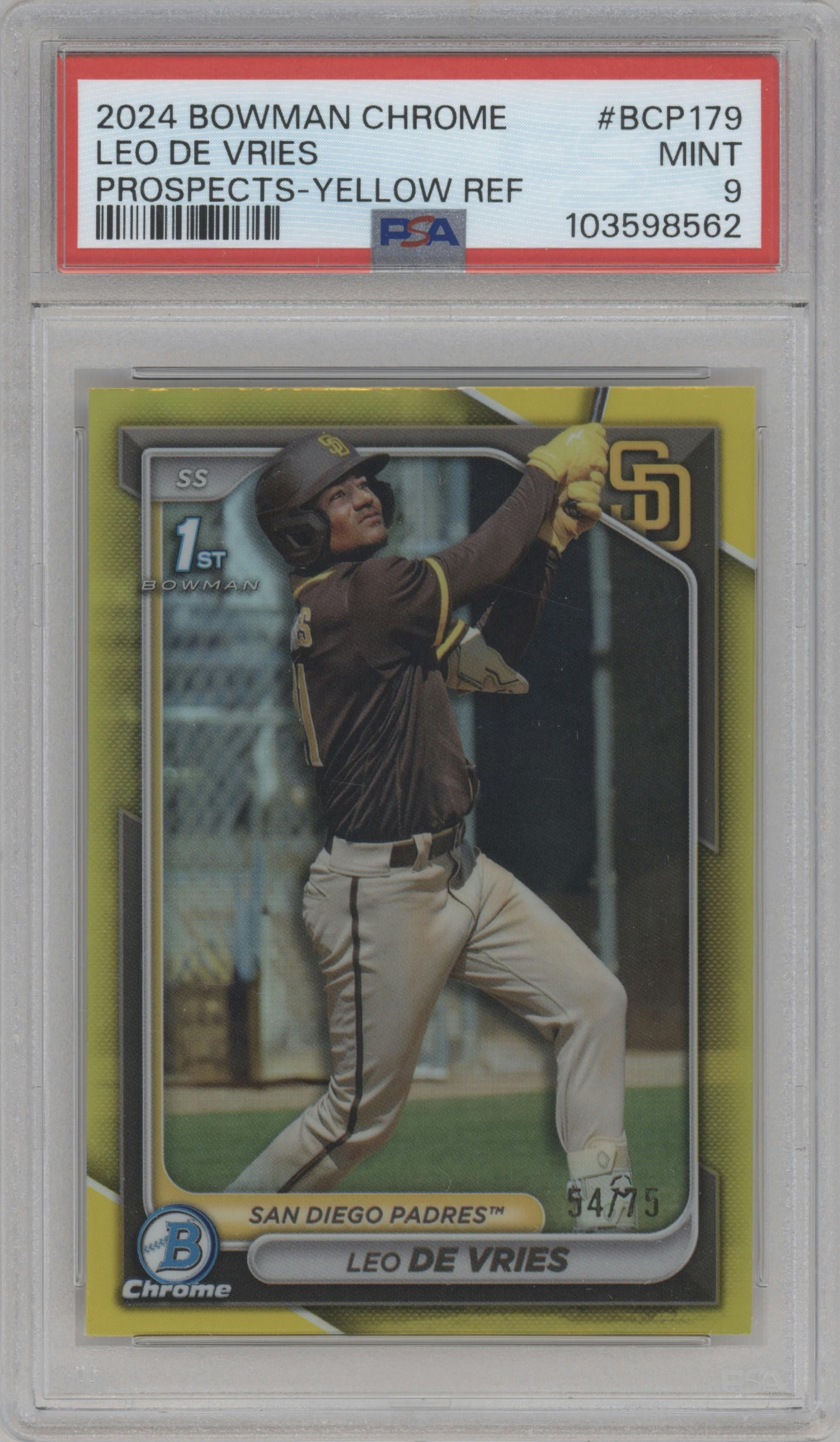 Leo De Vries from the 2024 Bowman Chrome set featuring a Yellow Refractor parallel graded by PSA and given an overall grade of 9.
