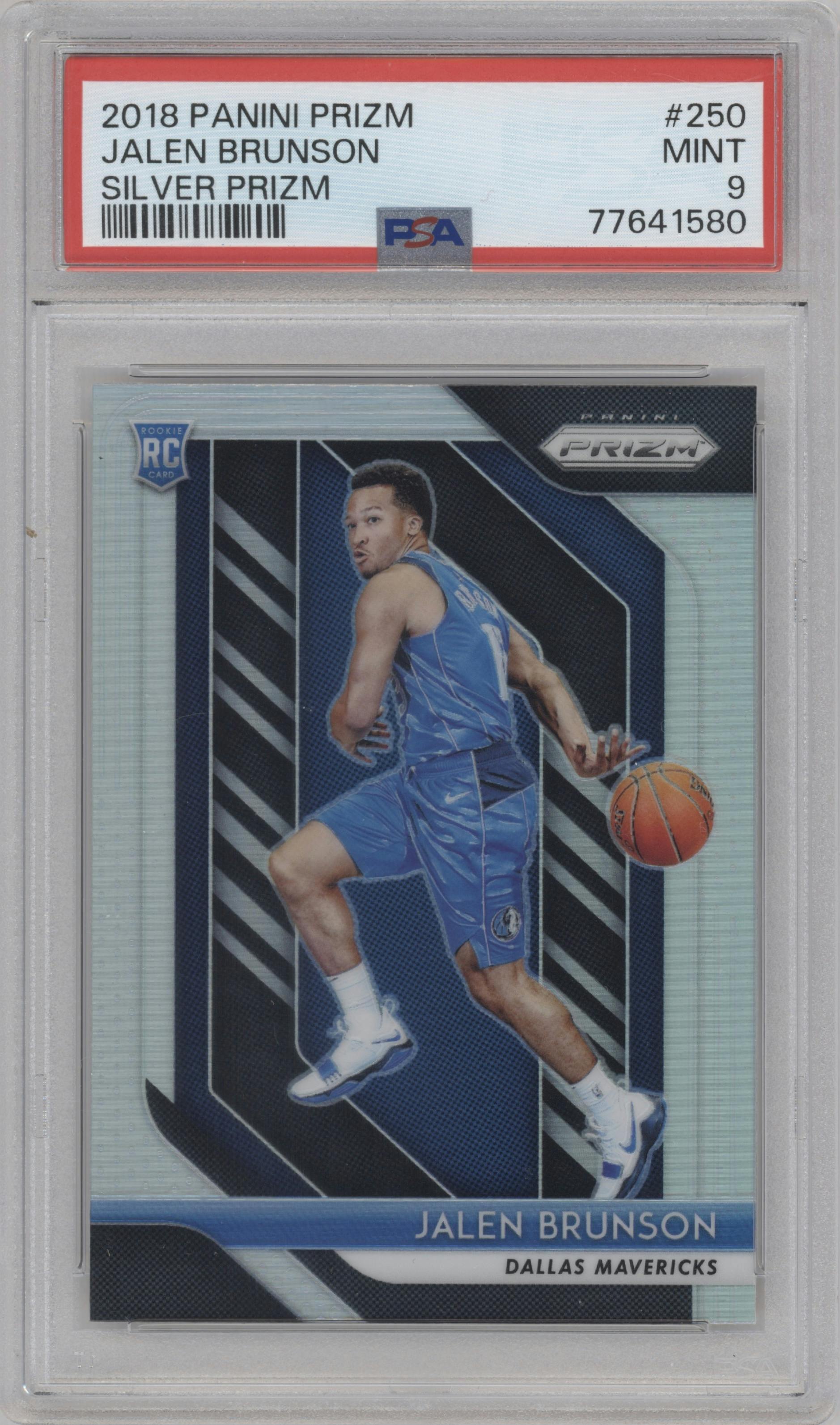 Jalen Brunson from the 2018-19 Panini Prizm set featuring a Silver Prizm parallel graded by PSA and given an overall grade of 9.