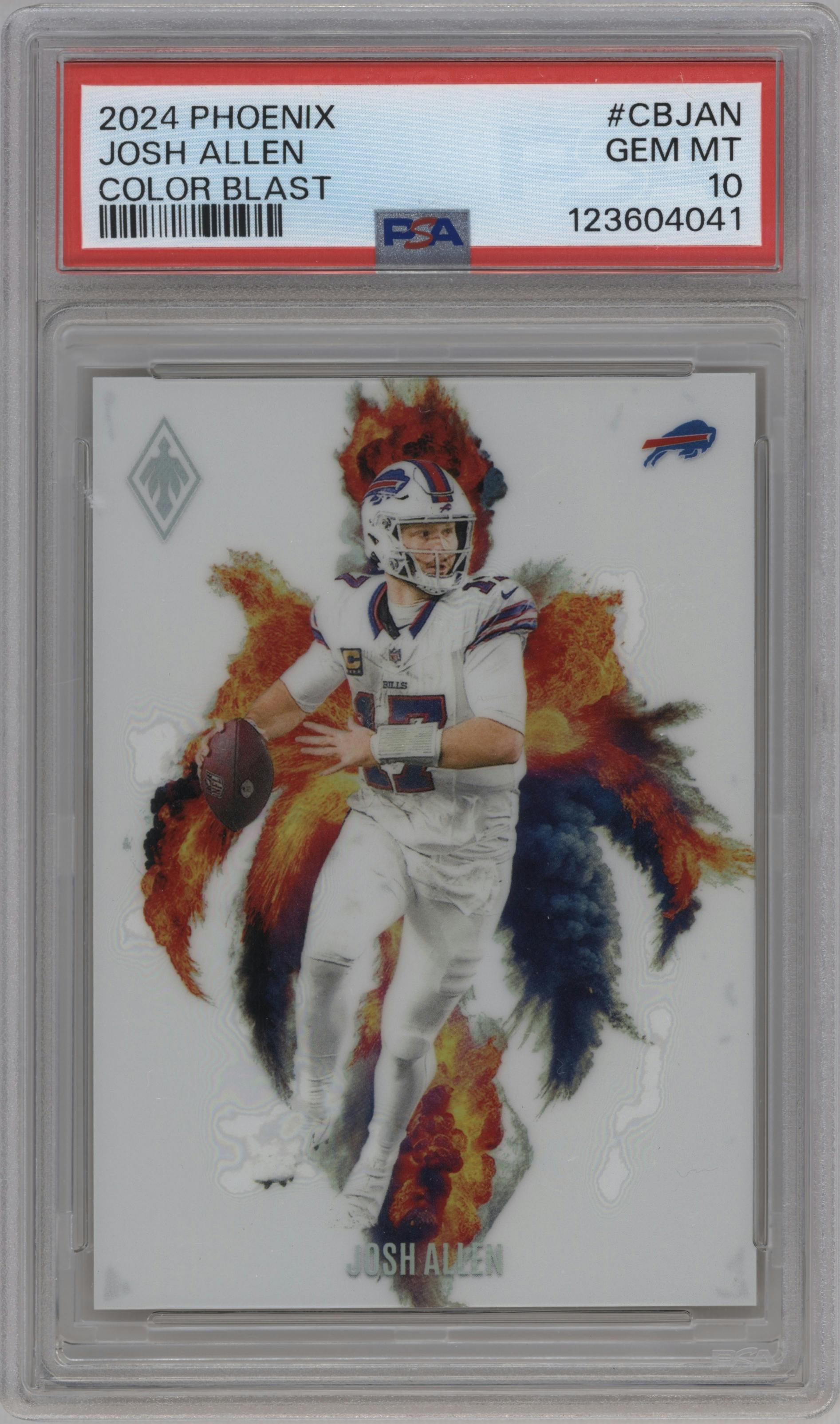 Josh Allen from the 2024 Panini Phoenix set graded by PSA and given an overall grade of 10.