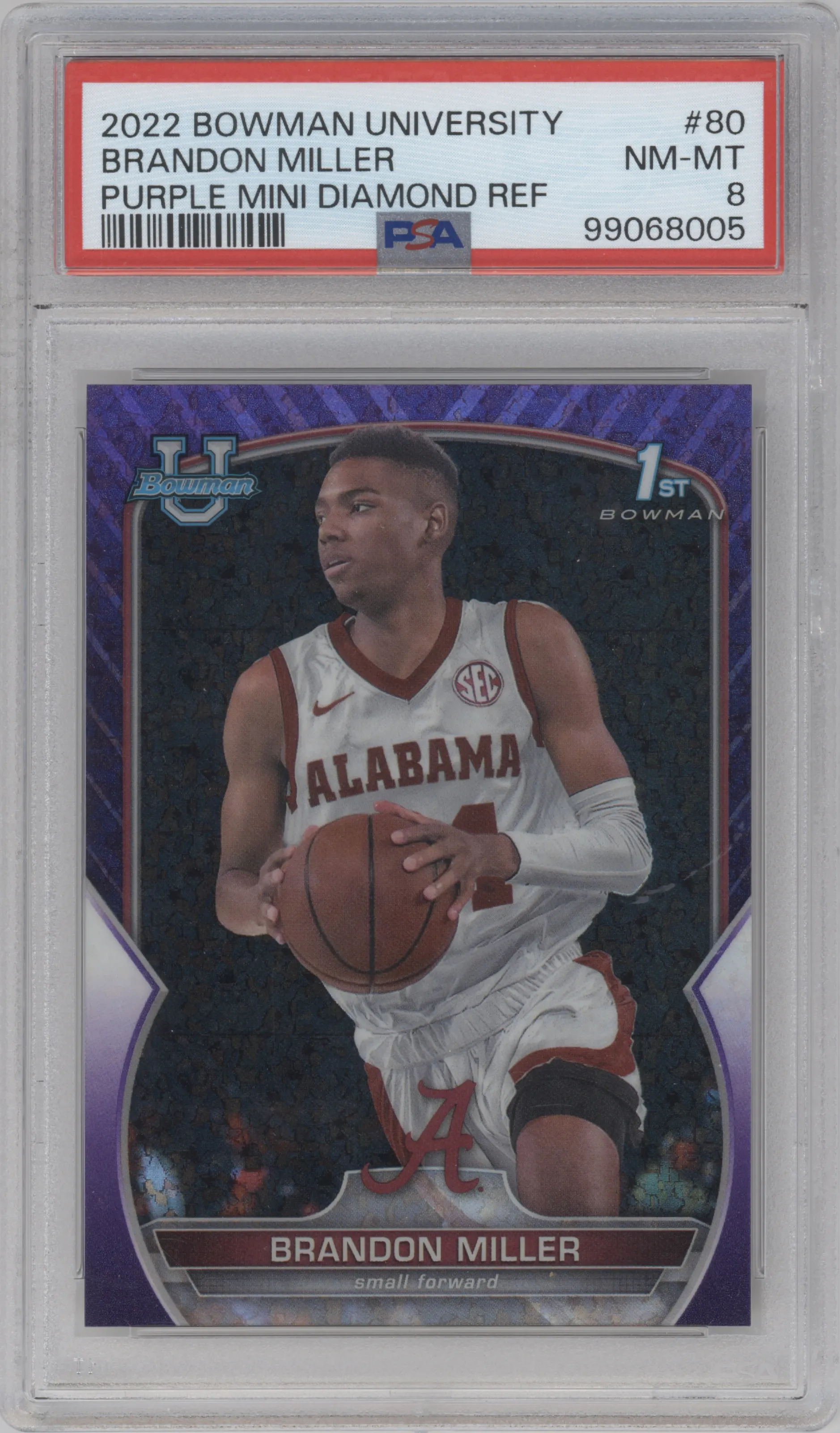 2022 Bowman University Chrome Brandon Miller Purple Mini-Diamond Refractor #80 PSA 8