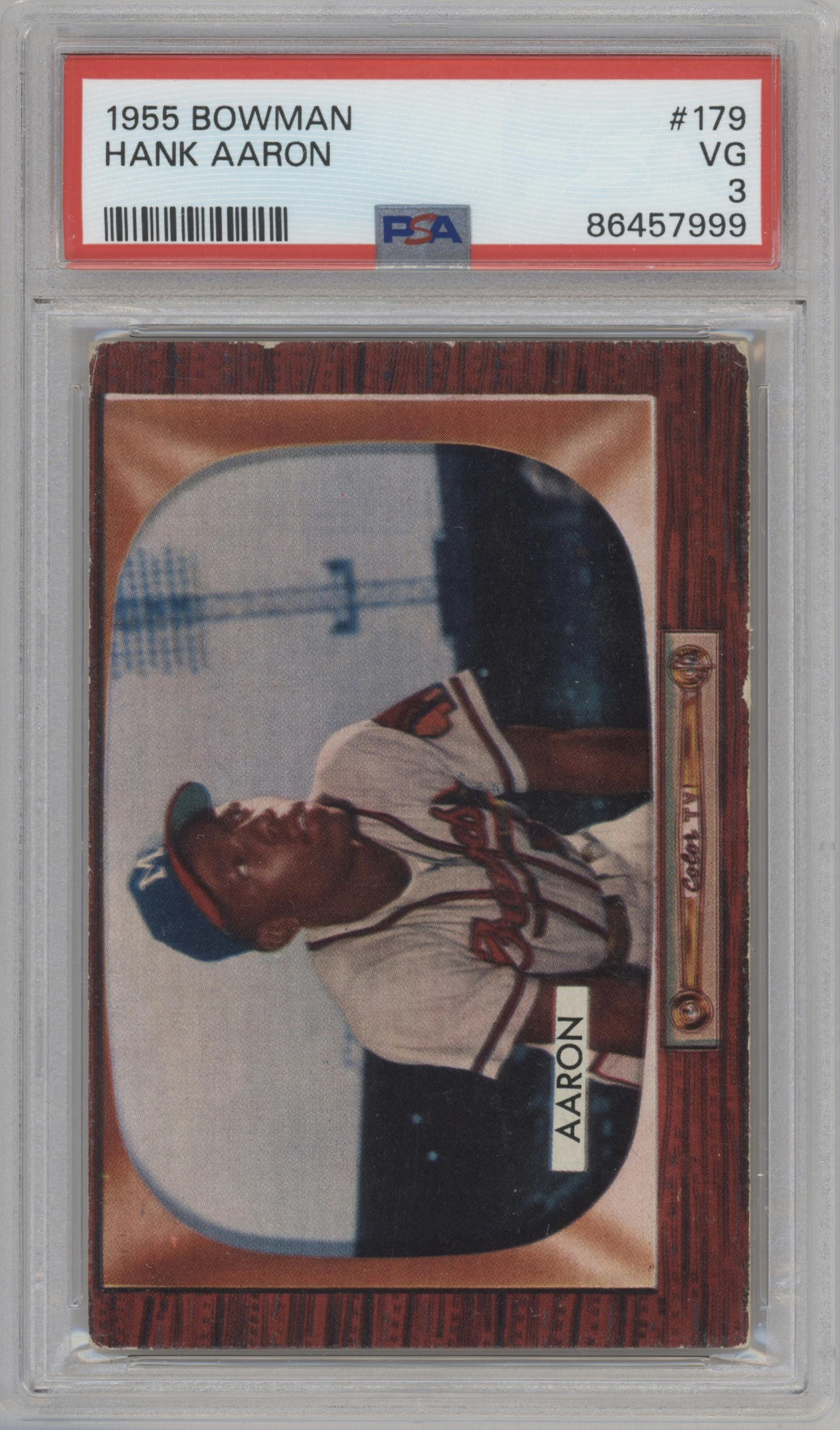 Hank Aaron from the 1955 Bowman set graded by PSA and given an overall grade of 3.