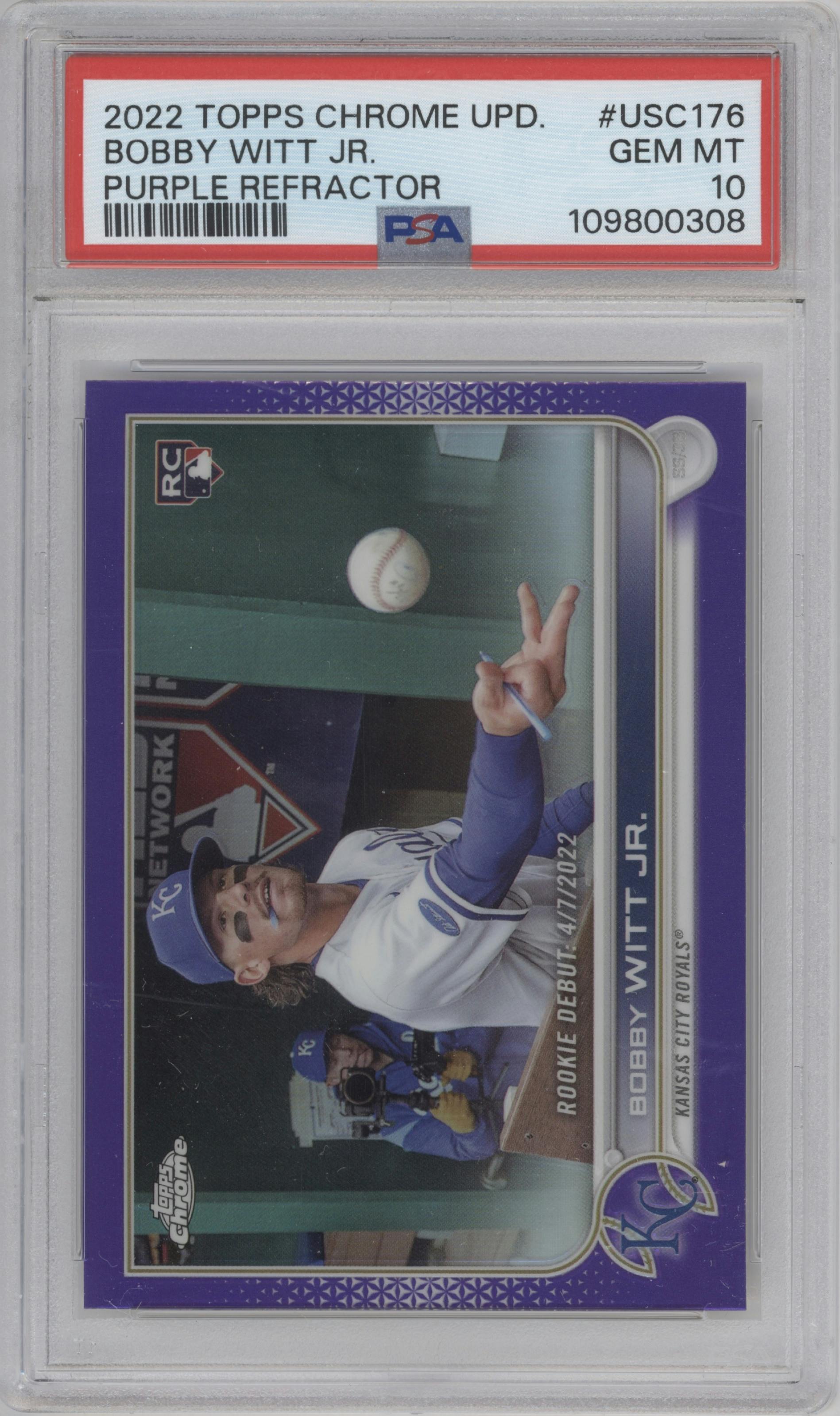 Bobby Witt Jr. from the 2022 Topps Chrome Update set featuring a Purple Refractor parallel graded by PSA and given an overall grade of 10.