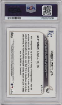 Bobby Witt Jr. from the 2022 Topps Chrome Update set featuring a Purple Refractor parallel graded by PSA and given an overall grade of 10.