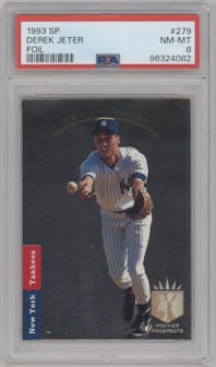 Derek Jeter from the 1993 Upper Deck SP set featuring a Foil parallel graded by PSA and given an overall grade of 8.