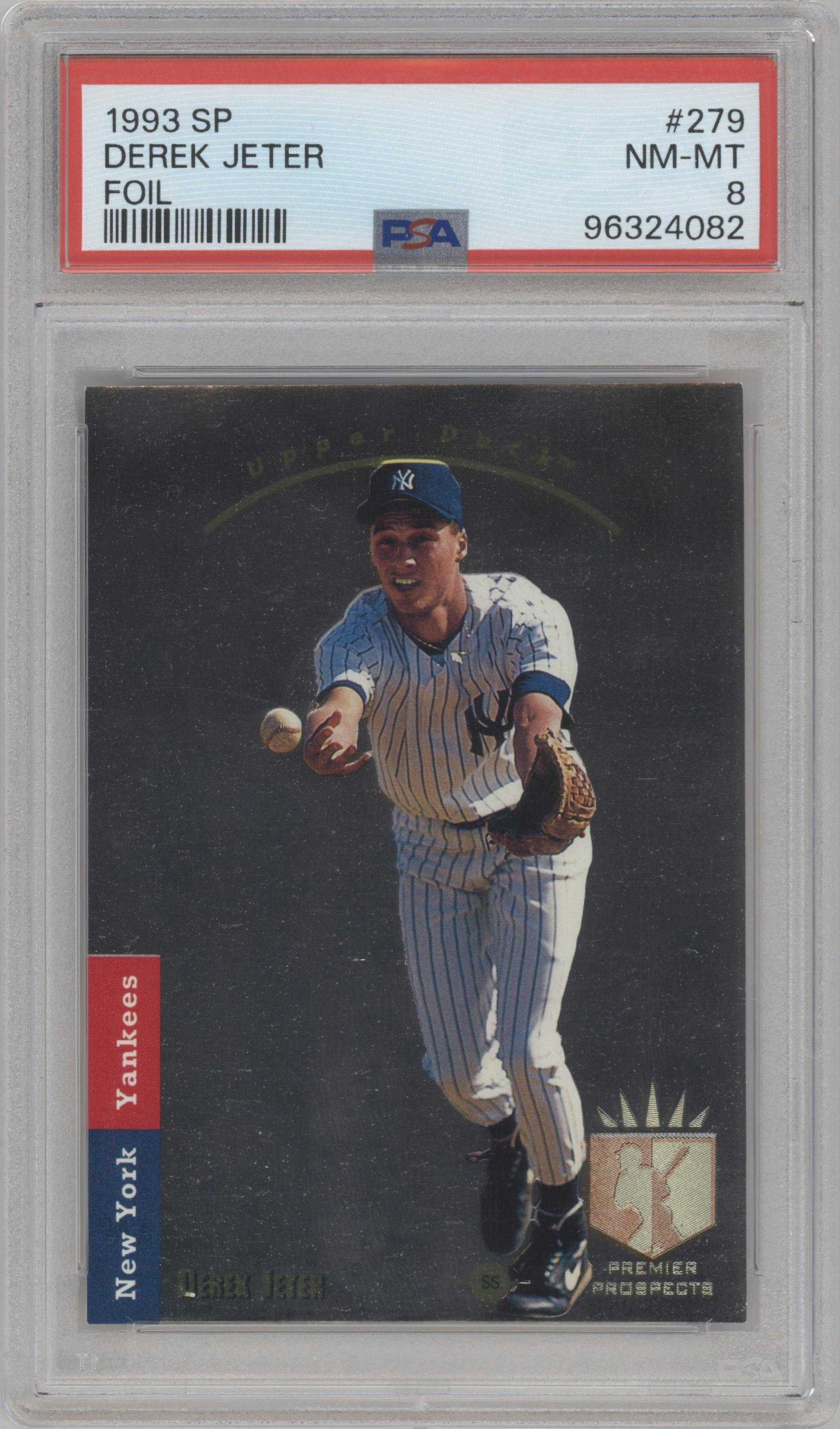Derek Jeter from the 1993 Upper Deck SP set featuring a Foil parallel graded by PSA and given an overall grade of 8.