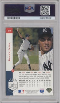 Derek Jeter from the 1993 Upper Deck SP set featuring a Foil parallel graded by PSA and given an overall grade of 8.