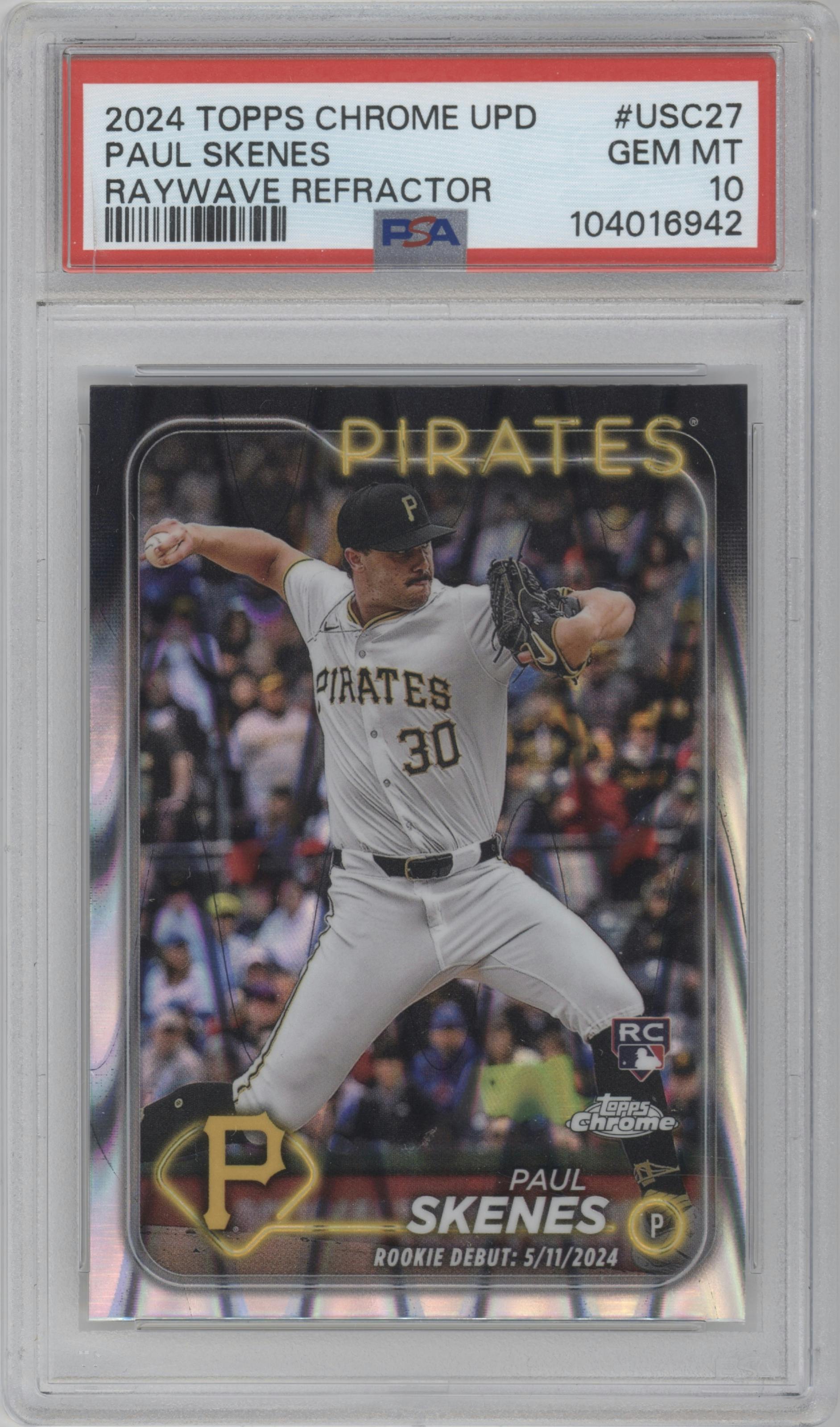Paul Skenes from the 2024 Topps Chrome Update set featuring a RayWave Refractor parallel graded by PSA and given an overall grade of 10.