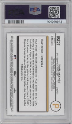 Paul Skenes from the 2024 Topps Chrome Update set featuring a RayWave Refractor parallel graded by PSA and given an overall grade of 10.