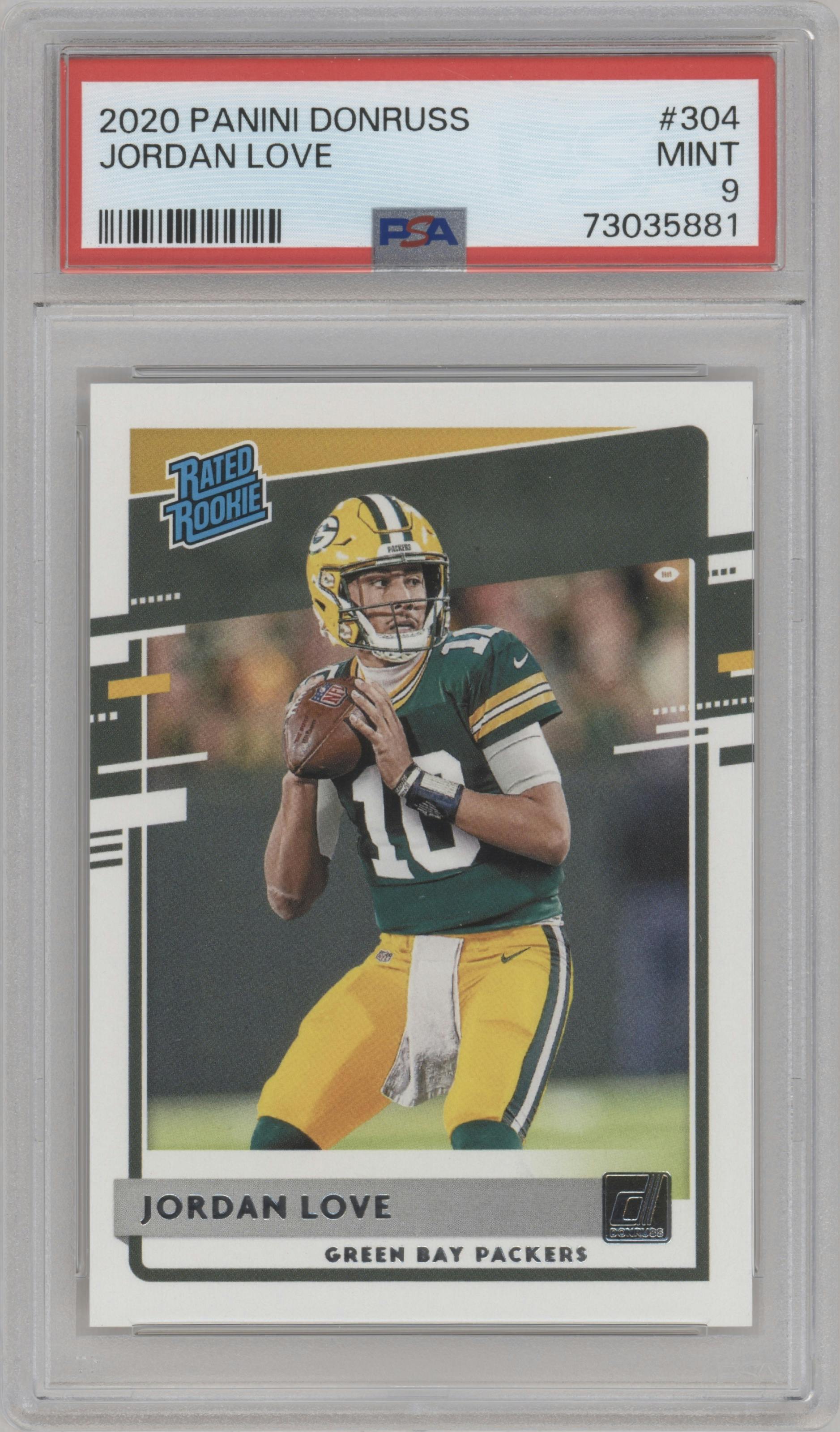 Jordan Love from the 2020 Panini Donruss set graded by PSA and given an overall grade of 9.
