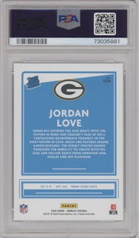 Jordan Love from the 2020 Panini Donruss set graded by PSA and given an overall grade of 9.