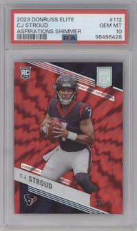 C.J. Stroud from the 2023 Panini Donruss Elite set featuring a Aspirations Shimmer parallel graded by PSA and given an overall grade of 10.