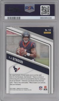 C.J. Stroud from the 2023 Panini Donruss Elite set featuring a Aspirations Shimmer parallel graded by PSA and given an overall grade of 10.