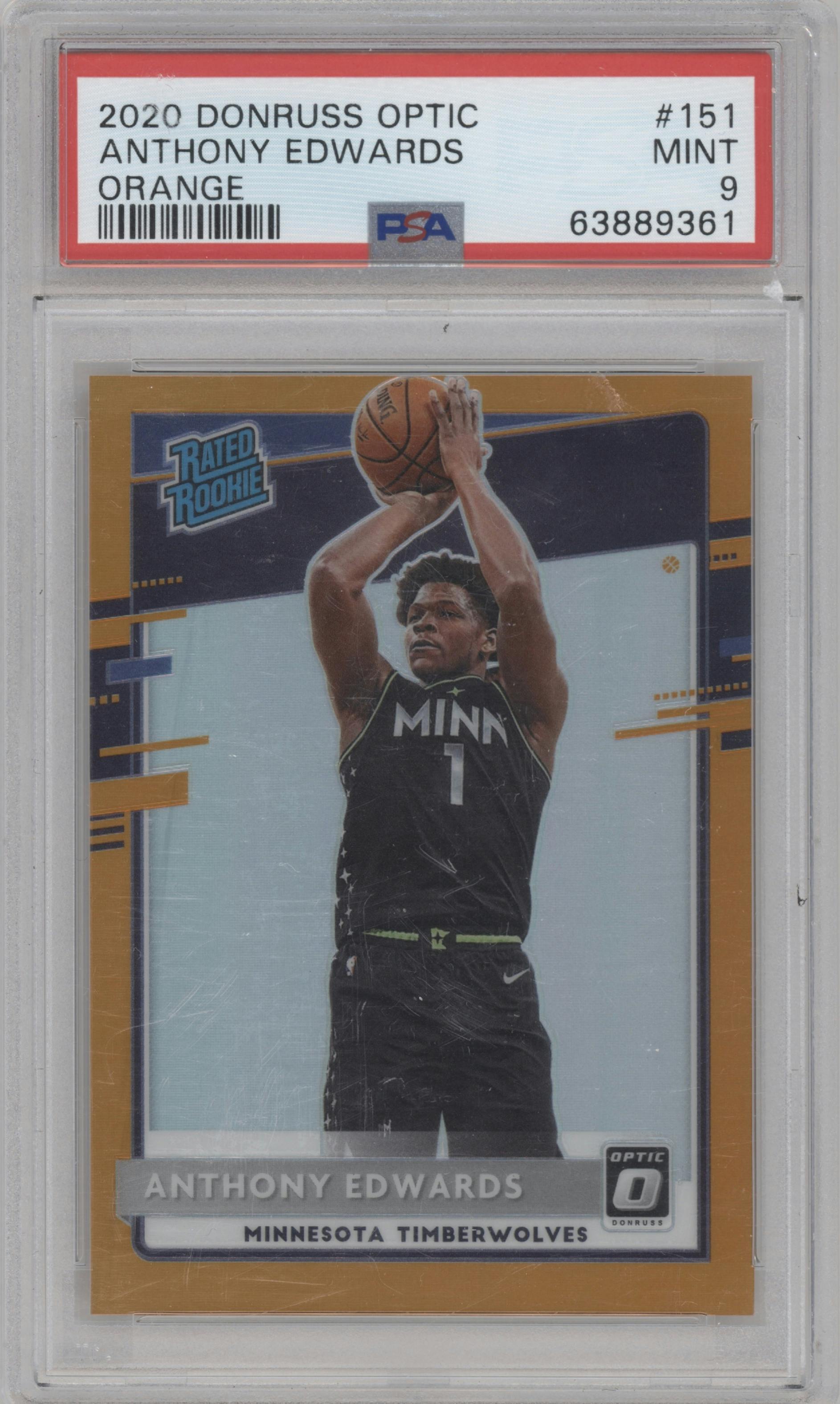 Anthony Edwards from the 2020-21 Panini Donruss Optic set featuring a Orange parallel graded by PSA and given an overall grade of 9.
