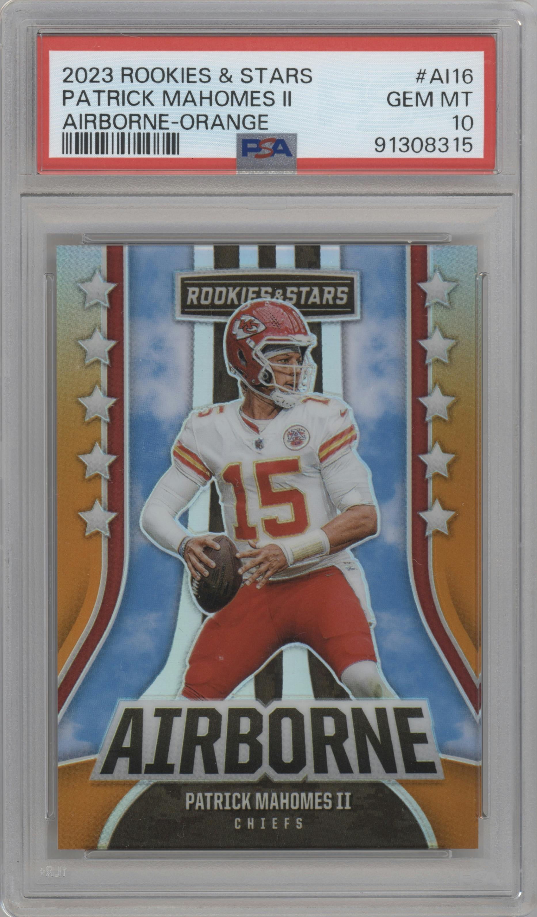 Patrick Mahomes II from the 2023 Panini Rookies & Stars set featuring a Orange parallel graded by PSA and given an overall grade of 10.