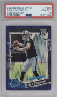 Aidan O'Connell from the 2023 Donruss Optic set featuring a  Purple Shock parallel graded by PSA and given an overall grade of 10.