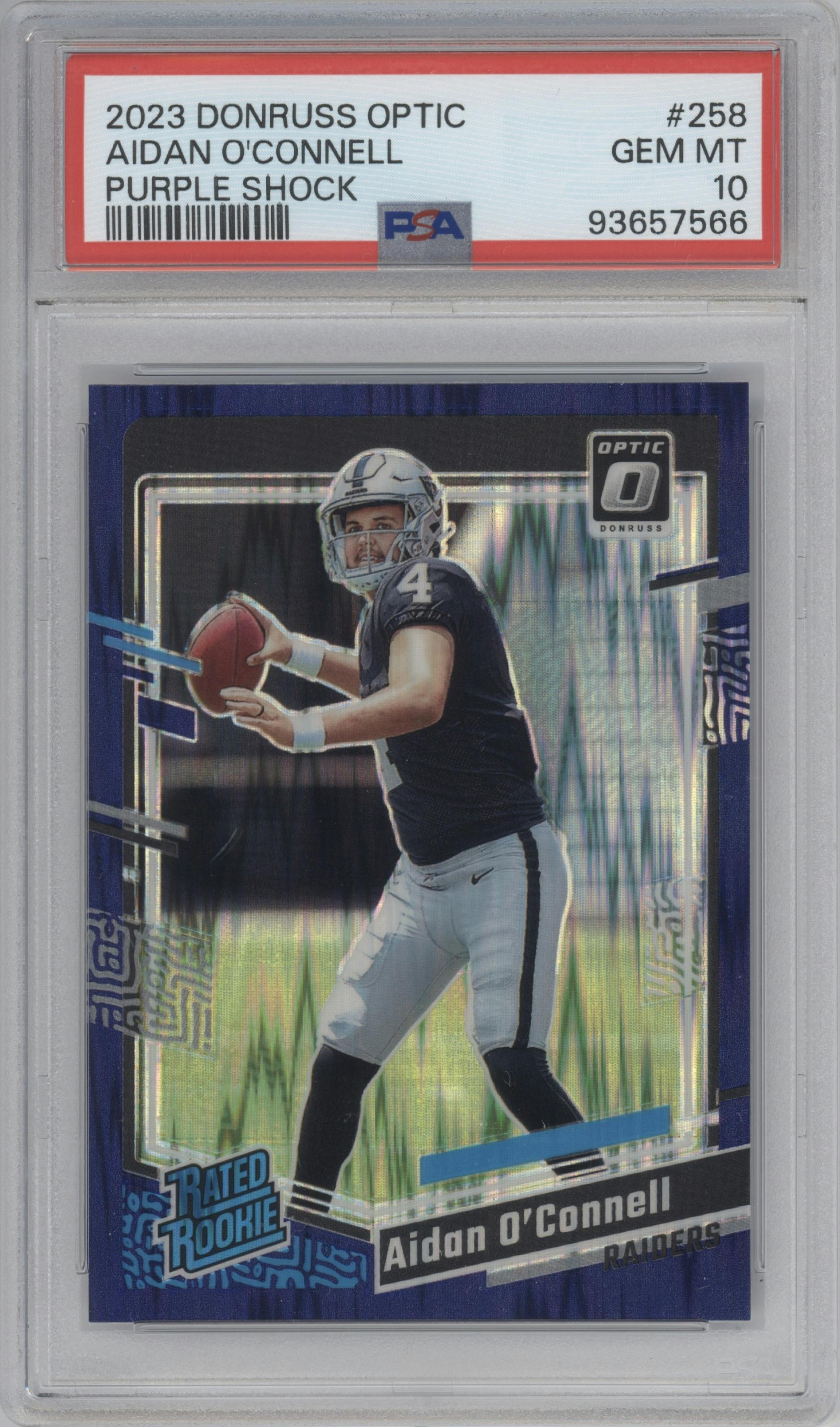 Aidan O'Connell from the 2023 Donruss Optic set featuring a  Purple Shock parallel graded by PSA and given an overall grade of 10.