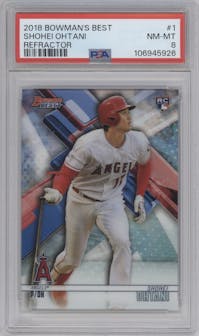 Shohei Ohtani from the 2018 Bowman’s Best set featuring a Refractor parallel graded by PSA and given an overall grade of 8.